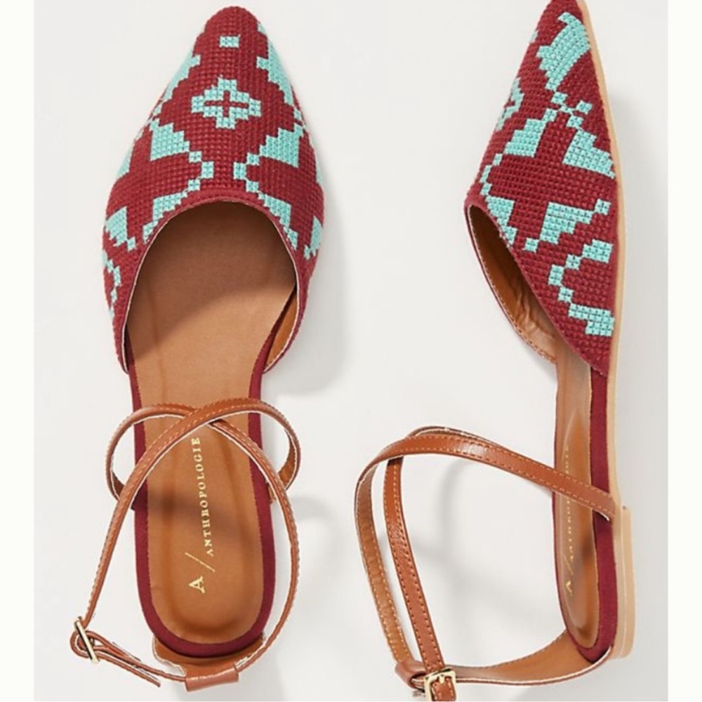 Anthropologie NWB Burgundy Turquoise Geometric Aztec Strappy Flats size 6